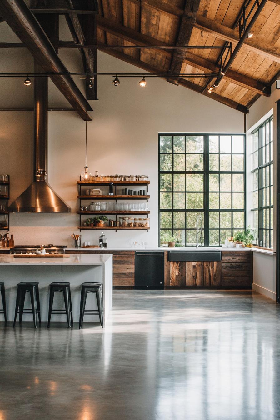 Spacious barndominium loft kitchen with rustic elements