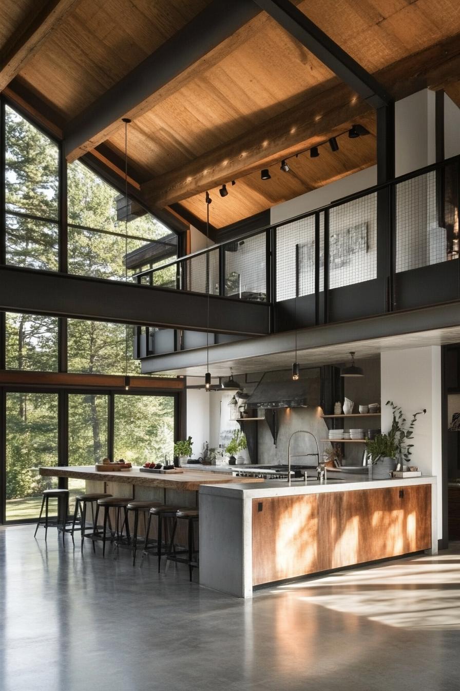 Open-plan loft kitchen with large windows and wooden ceiling