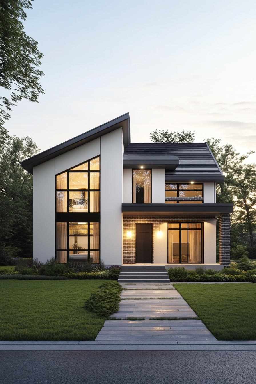 Modern suburban house with a slanted roof and large windows