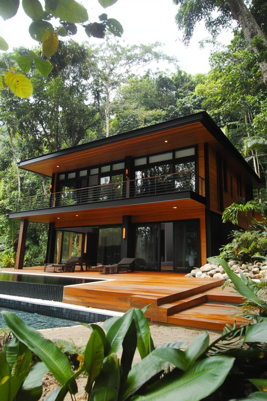 Modern villa with wooden accents surrounded by tropical foliage