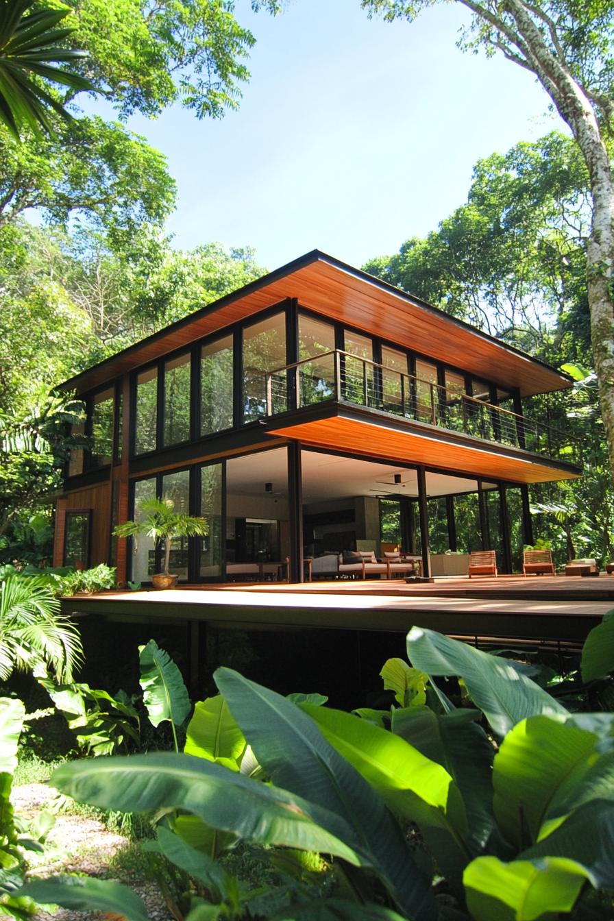 Modern glass villa surrounded by lush jungle