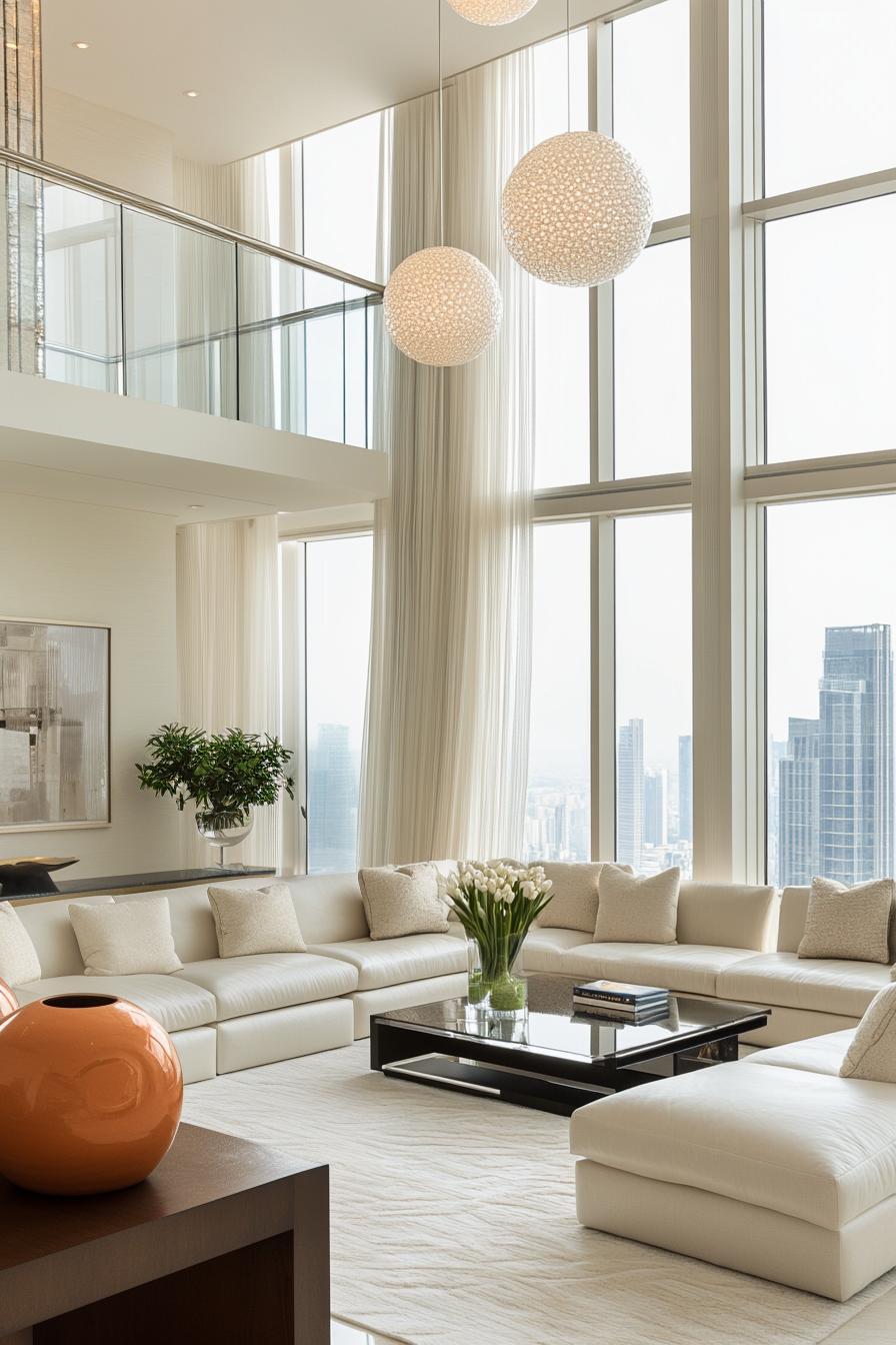 Spacious living room with modern decor and city view