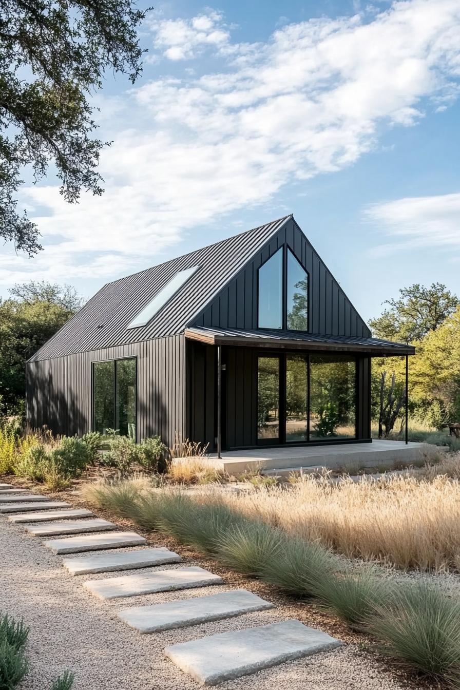 Small metal house with gabled roof and large windows in a natural setting