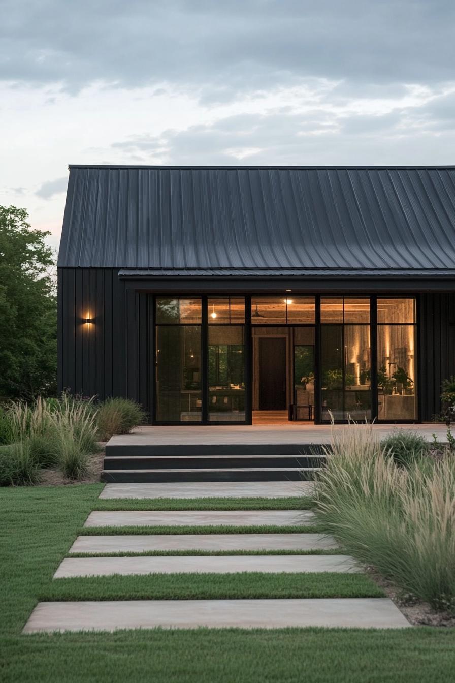 Chic black metal house with glass doors at dusk