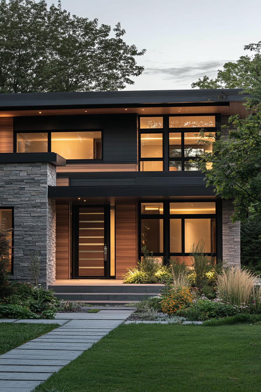 Modern house exterior with large windows and stone accents