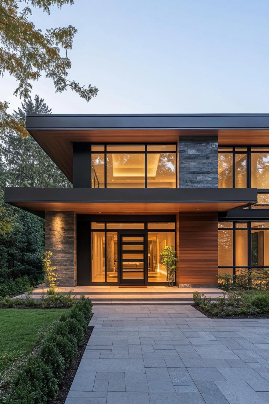 Contemporary house with a mix of glass, stone, and wood in the evening light