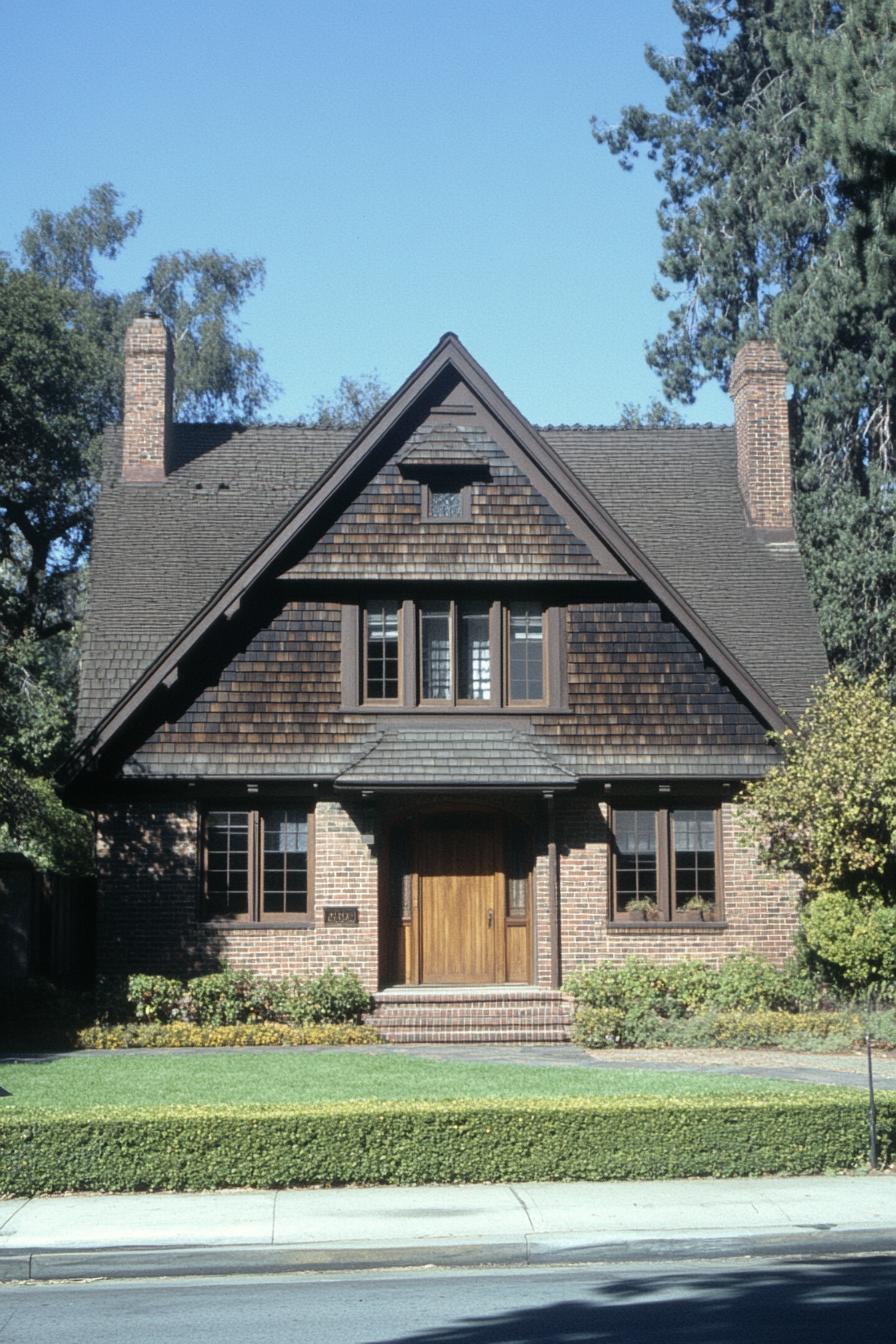 Front view of a charming brick and shingle house with lush greenery