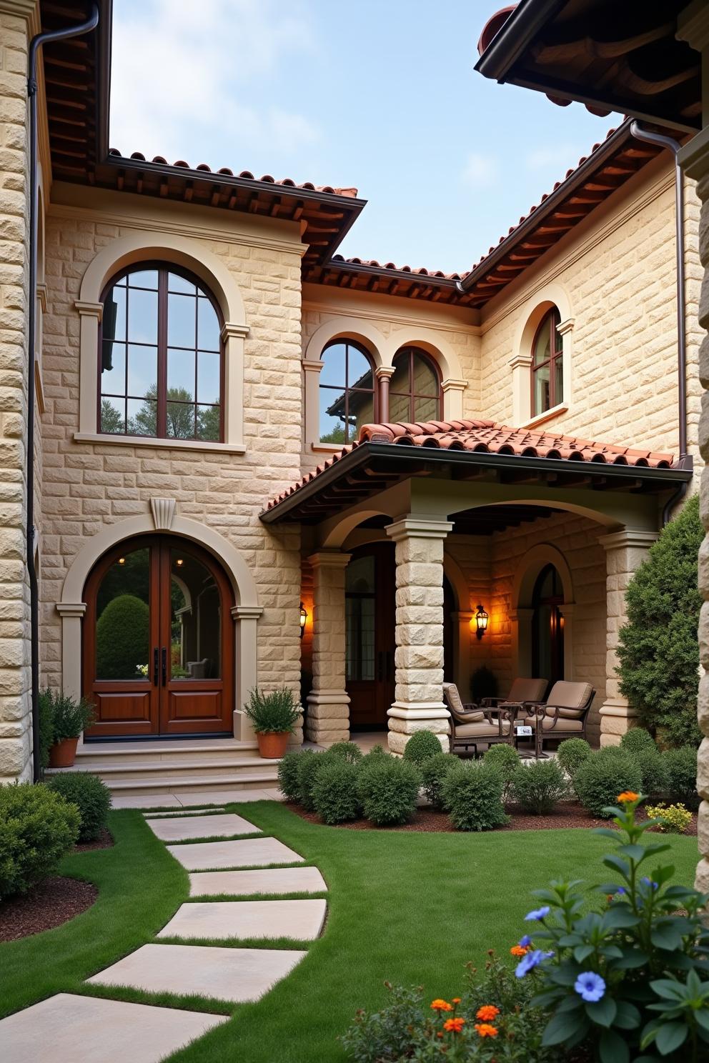 Stone villa with lush garden and elegant entrance