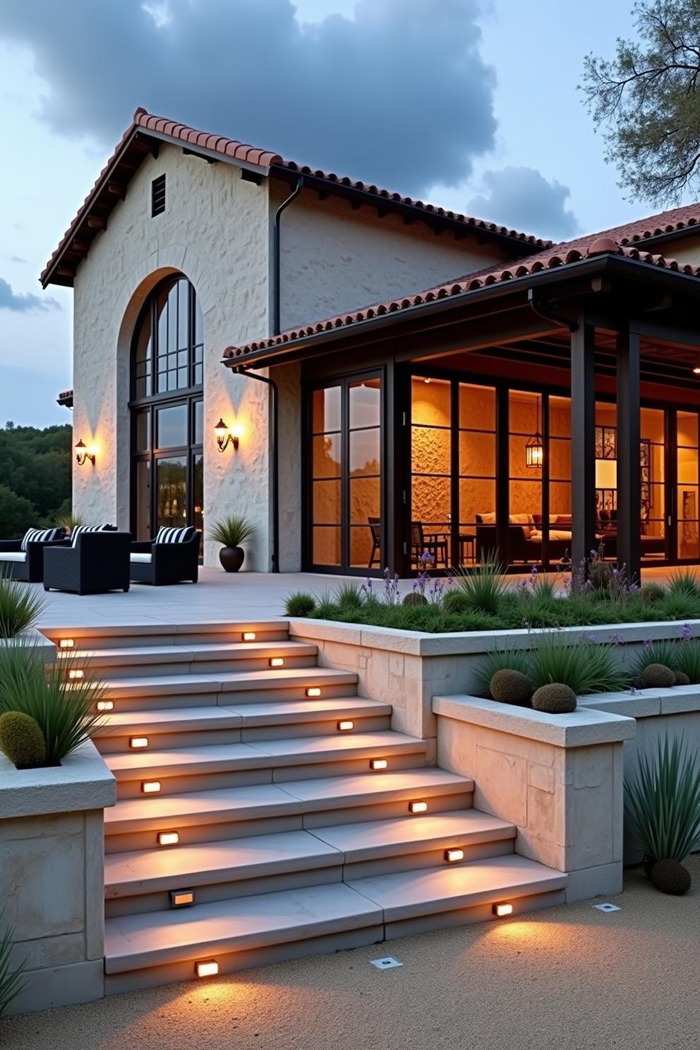 Modern villa with stair lights at dusk