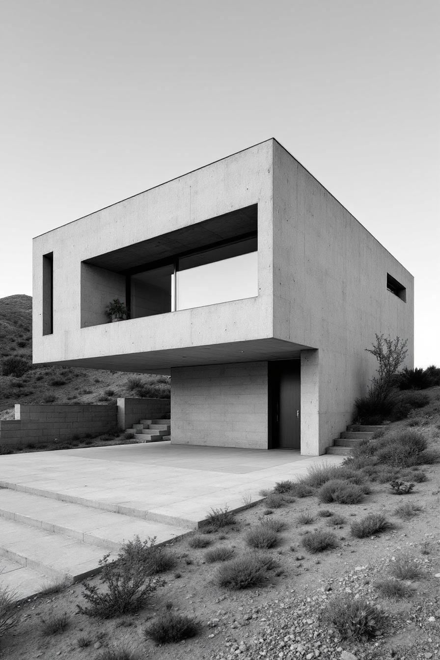 A cubist brutalist house in a stark landscape