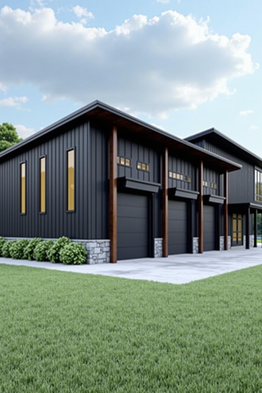 Modern black garage house with large doors