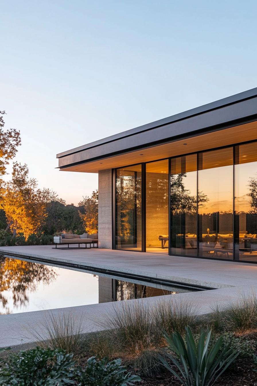 Modern glass house with a pool reflecting the sunset