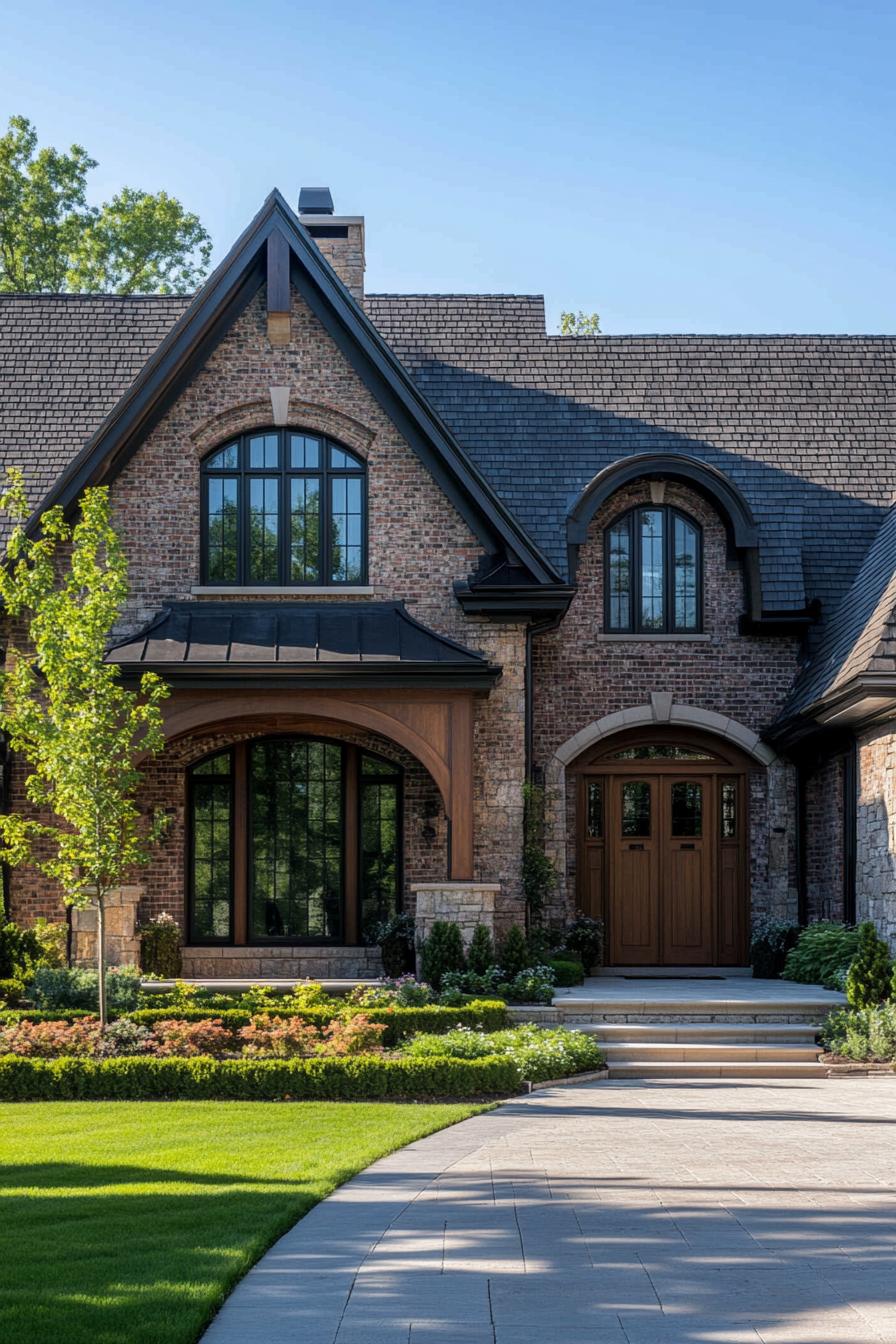 Brick house with lush landscaping and grand entrance