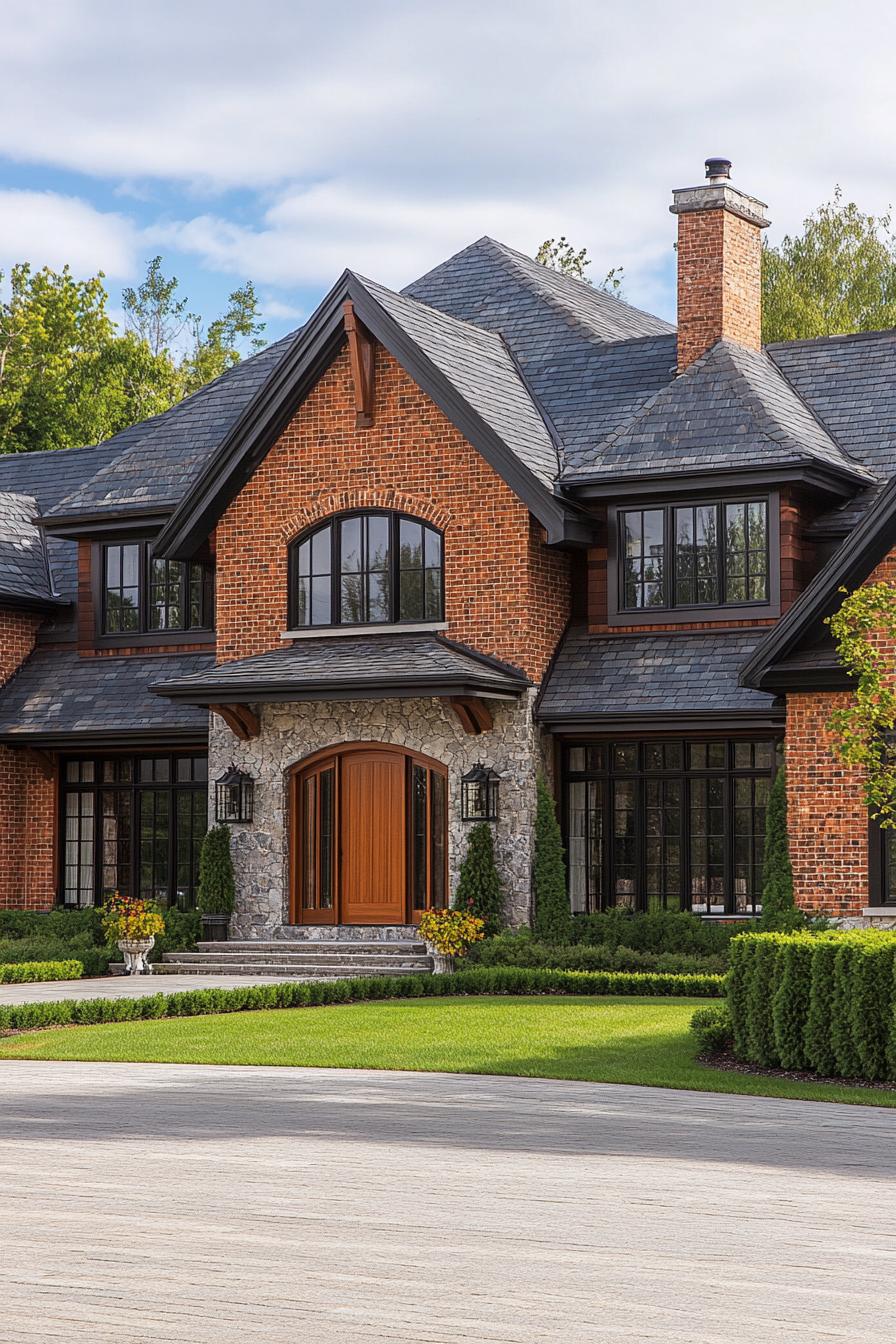 Large suburban house with brick facade and slate roof