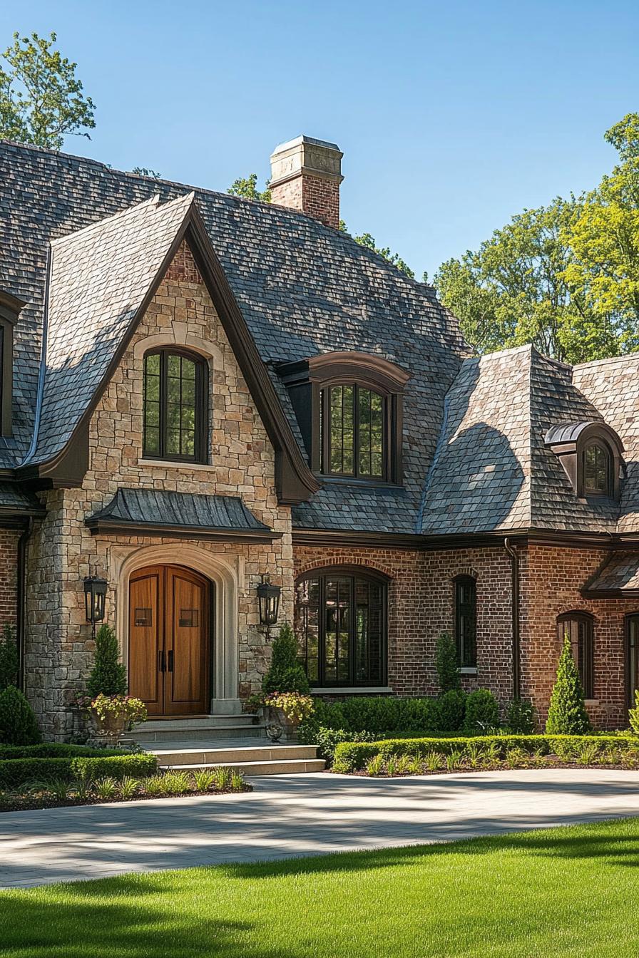 Classic stone and brick suburban house with lush green lawn