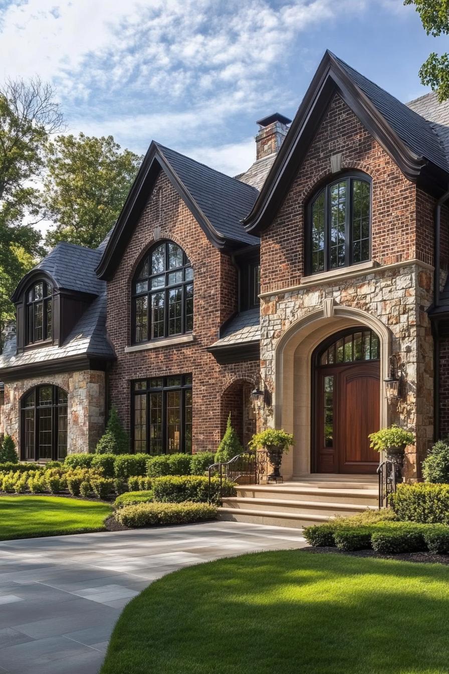 Stately brick and stone house with lush greenery