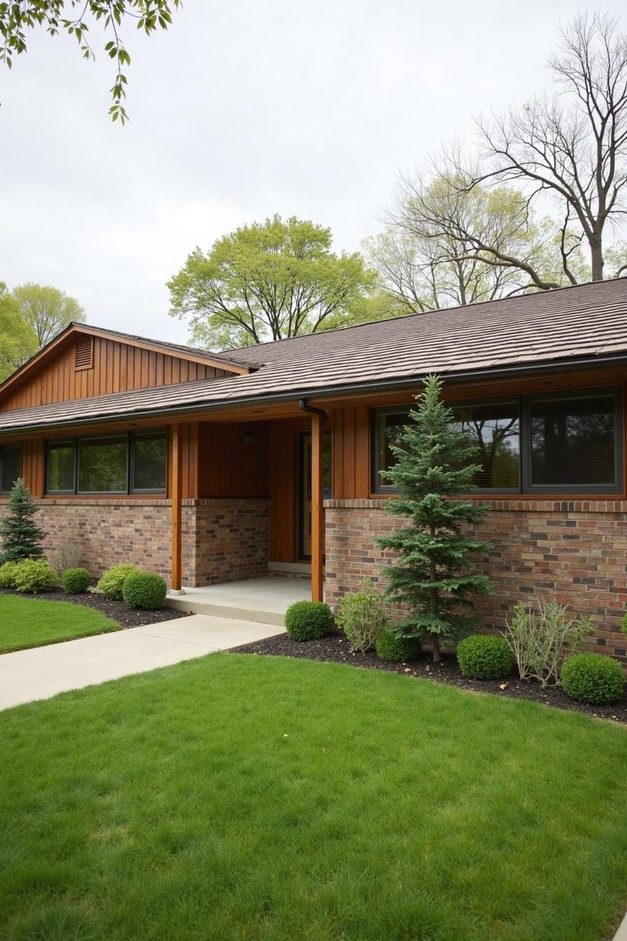 Classic mid-century ranch house with a lush garden and evergreen trees