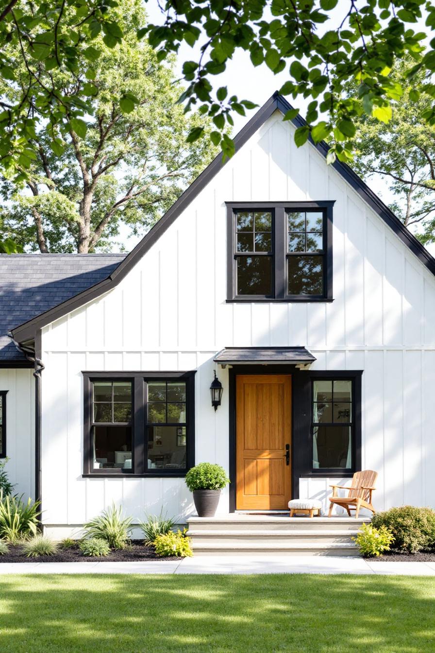 White cottage with black-trimmed windows and wooden door