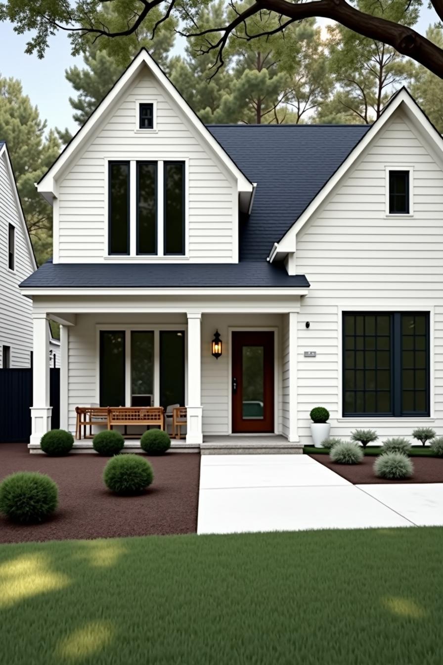 Neat white house with porch and neat shrubbery