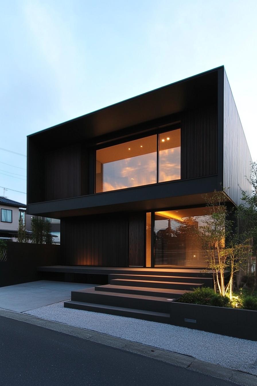 Modern cube house with glowing windows at dusk