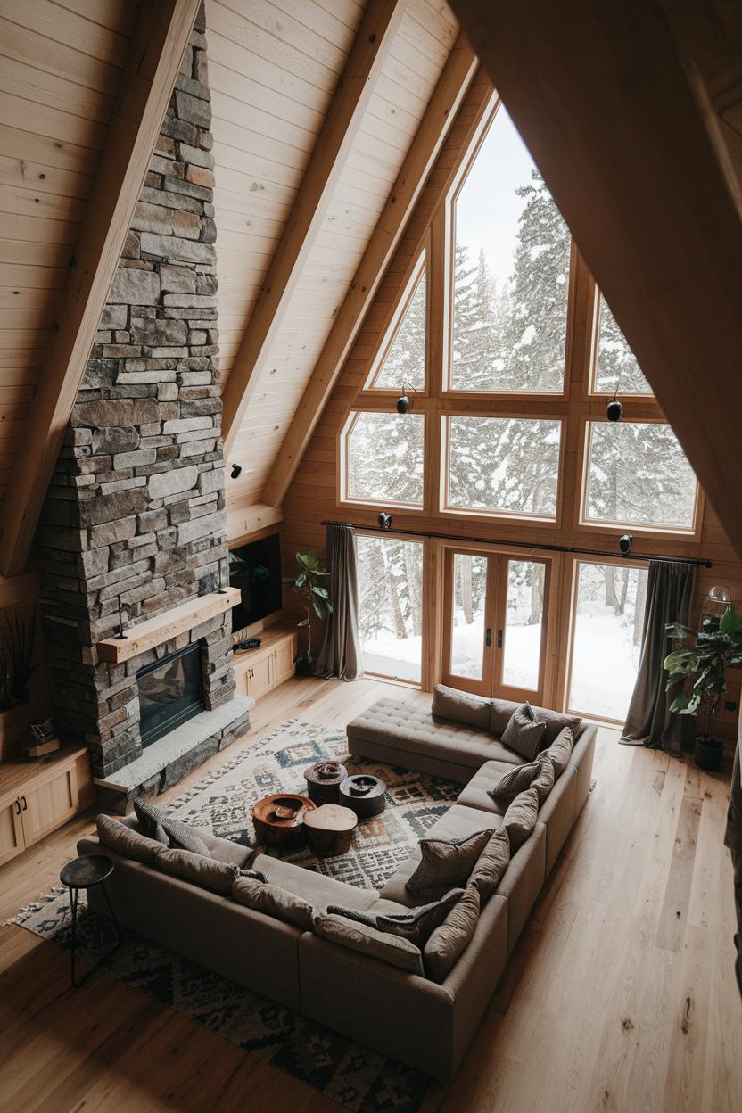 Cozy wooden interior with large stone fireplace and snowy view