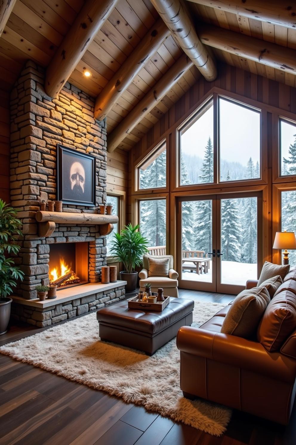 Cozy interior of a wooden cabin with a stone fireplace