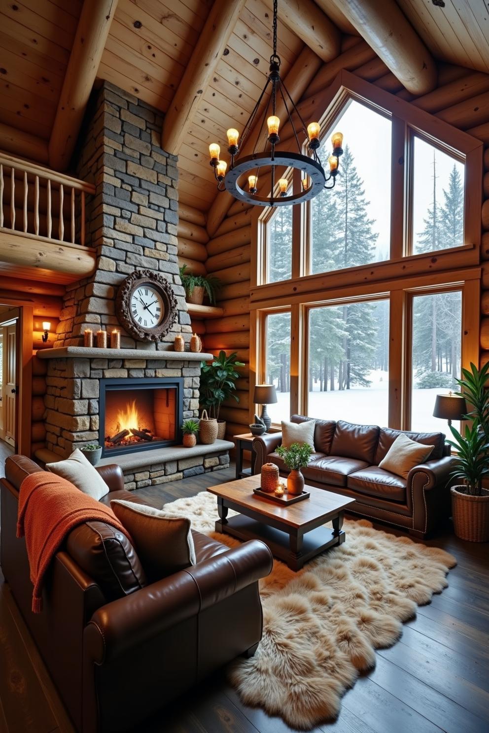 Warm rustic cabin interior with a stone fireplace