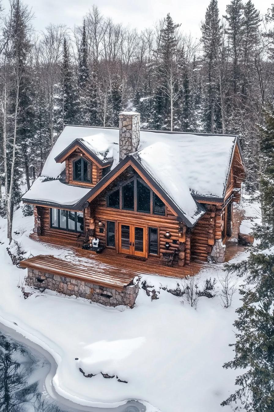 Log cabin surrounded by snow and trees