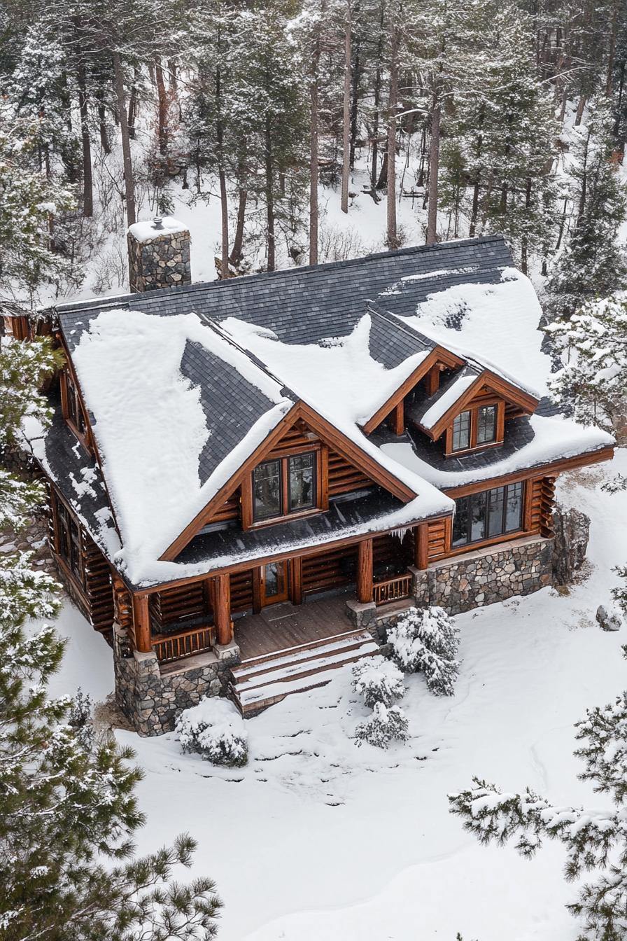 Log cabin nestled in a snowy forest, with a stone chimney