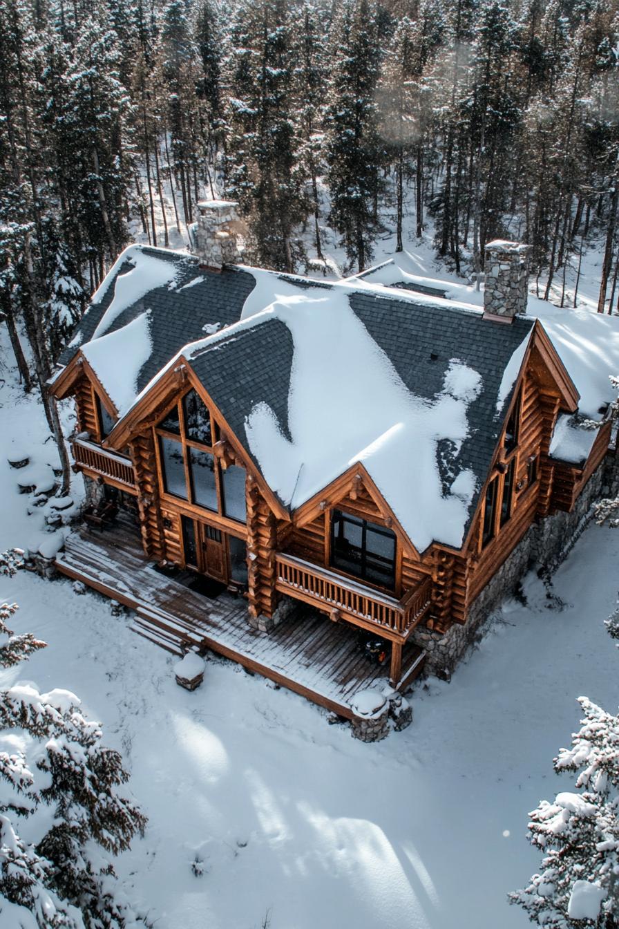 Charming log cabin surrounded by snow-covered trees