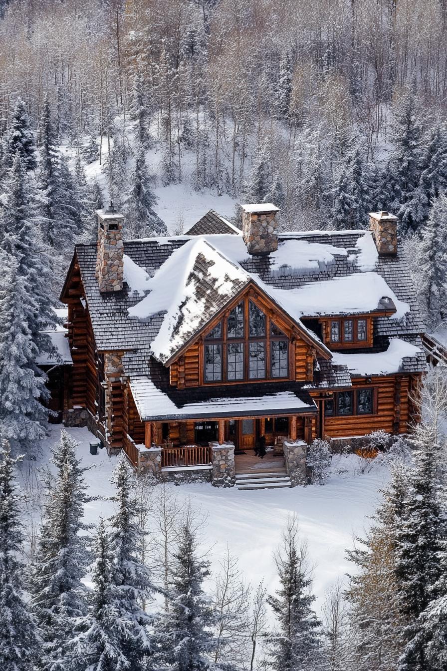 Cozy wooden cabin surrounded by snowy trees