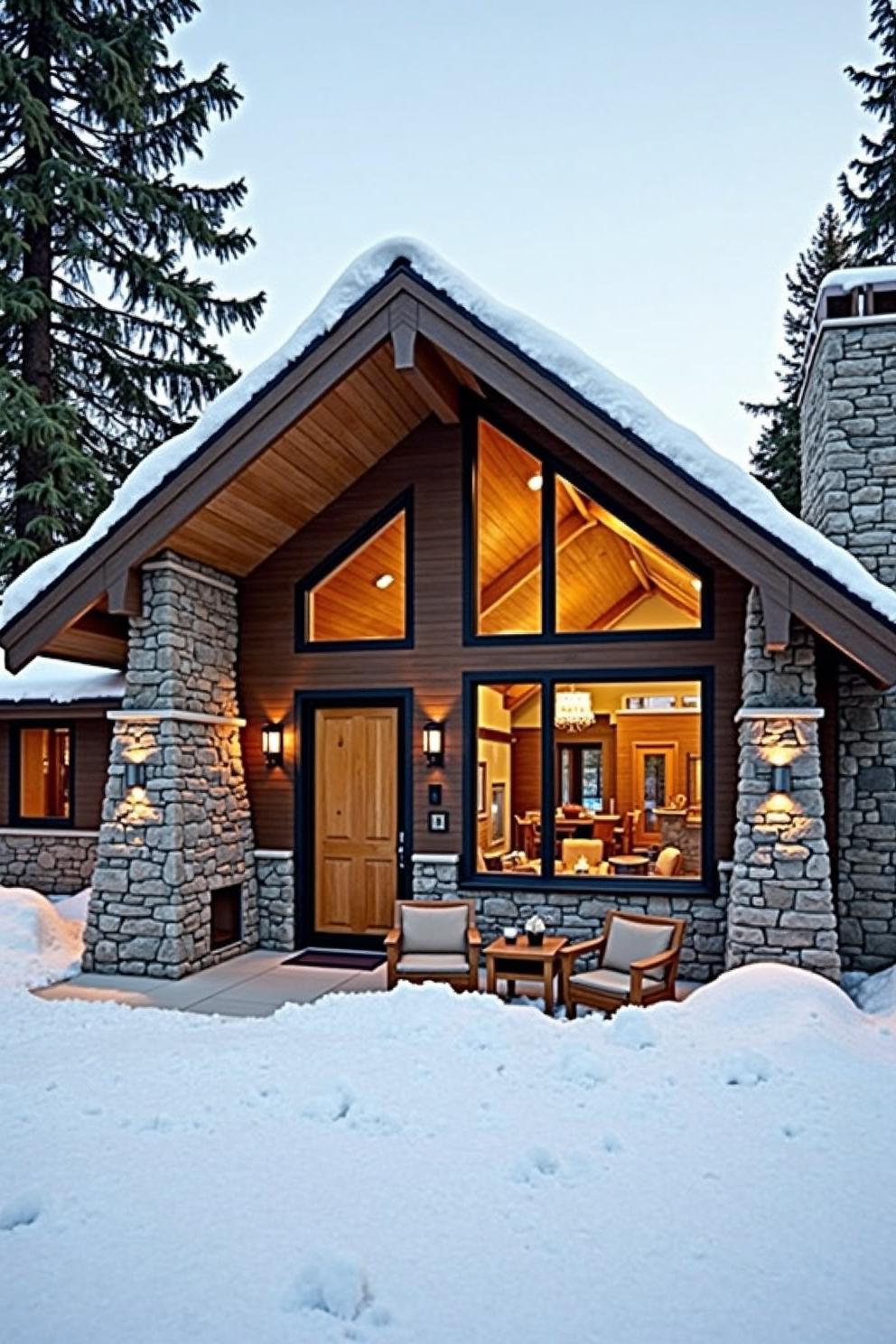 Wood cabin with stone pillars and snow-covered roof