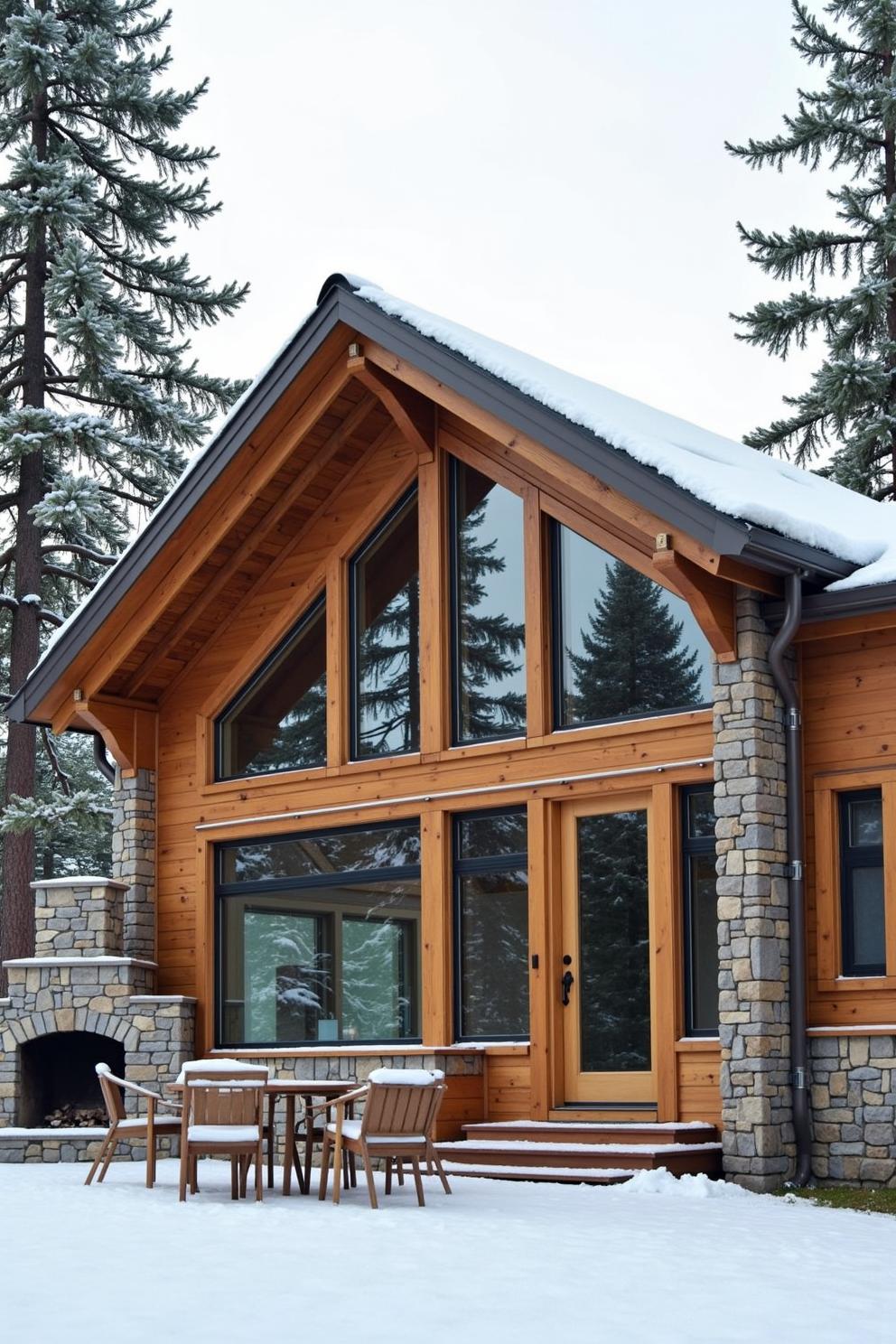 Cozy cabin with snow-dusted roof and stone chimney