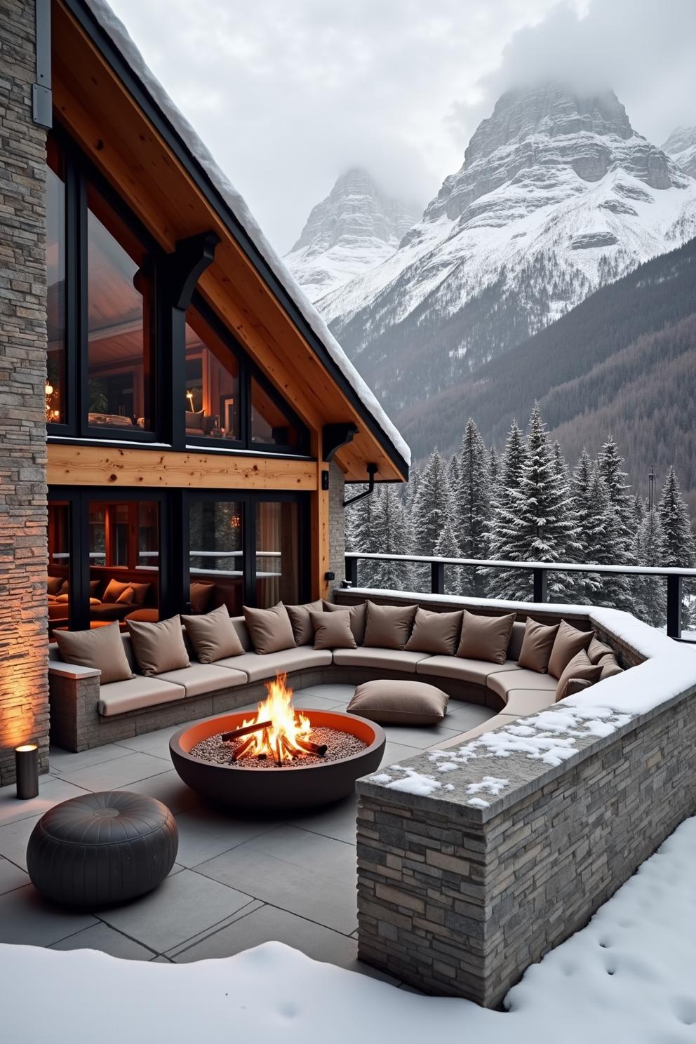 A cozy cabin with a fire pit overlooking snowy mountains