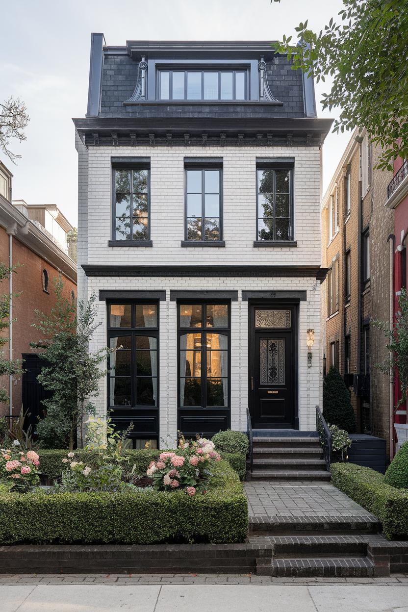 Stately brick house with black accents and manicured garden