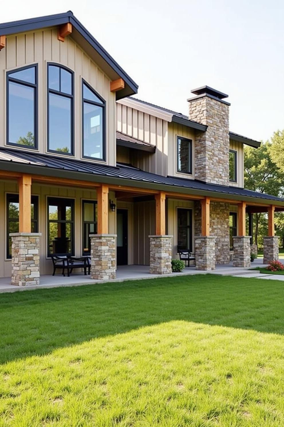 Ranch style home with stone pillars and lush lawn