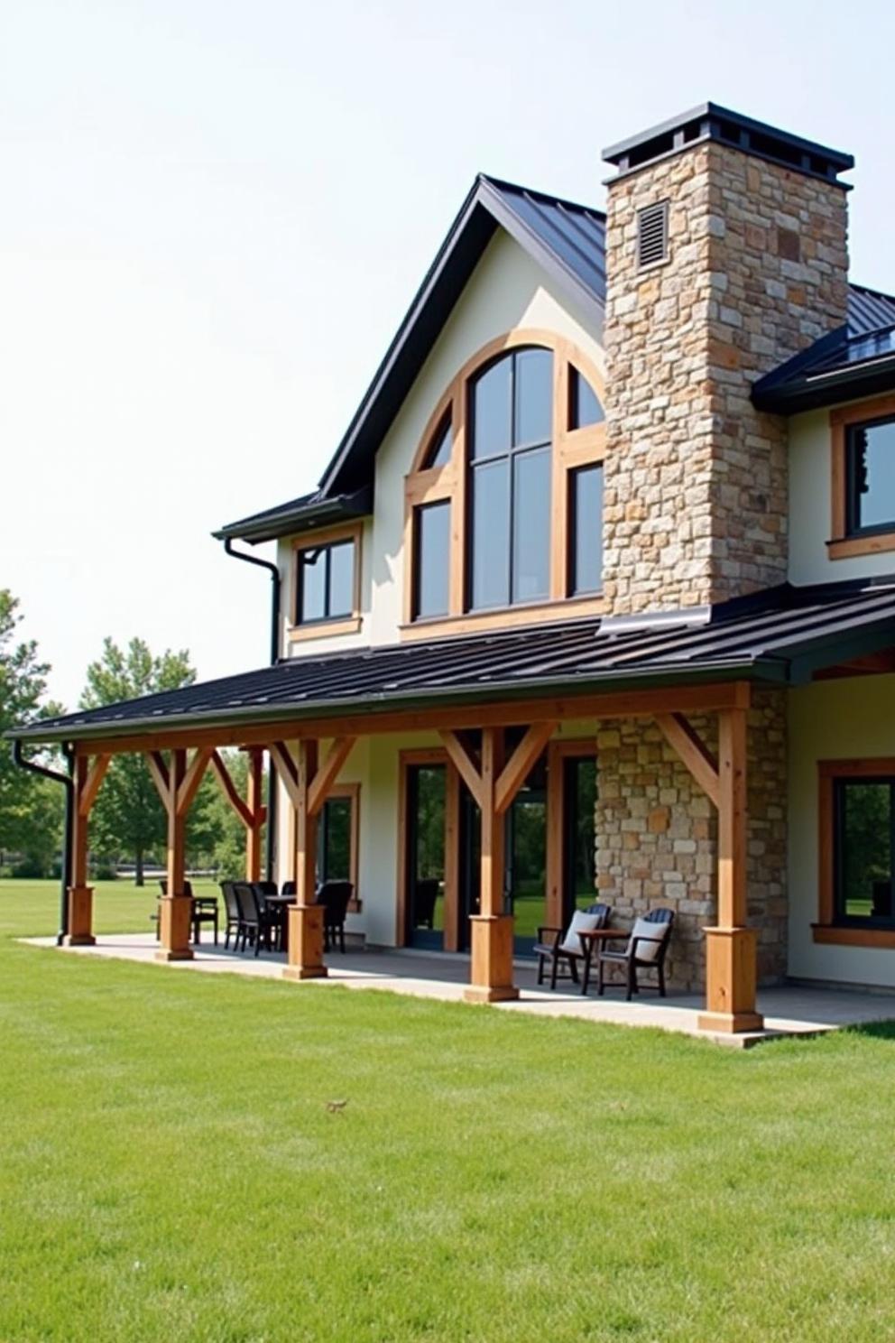 Stone chimney with wooden porch support on ranch house