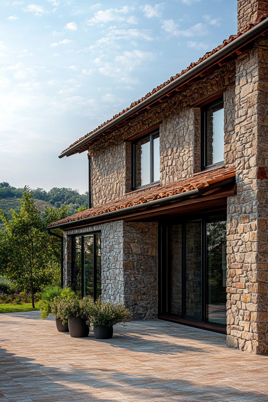 Sunlit Italian farmhouse with stone walls and a patio