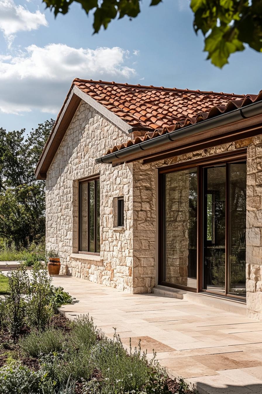 Stone farmhouse with terra-cotta roof under a sunny sky