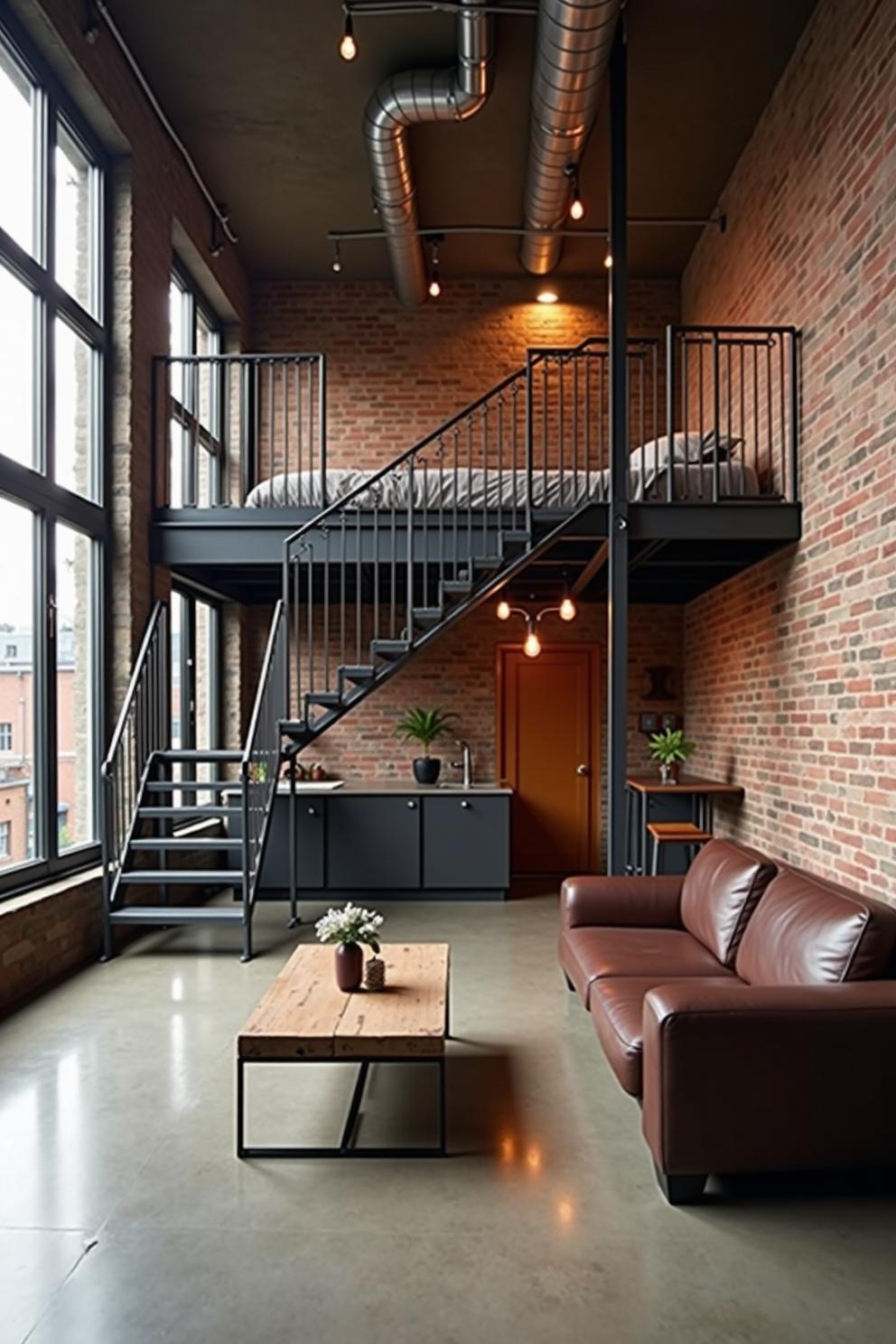 Cozy loft with exposed brick walls and modern furnishings