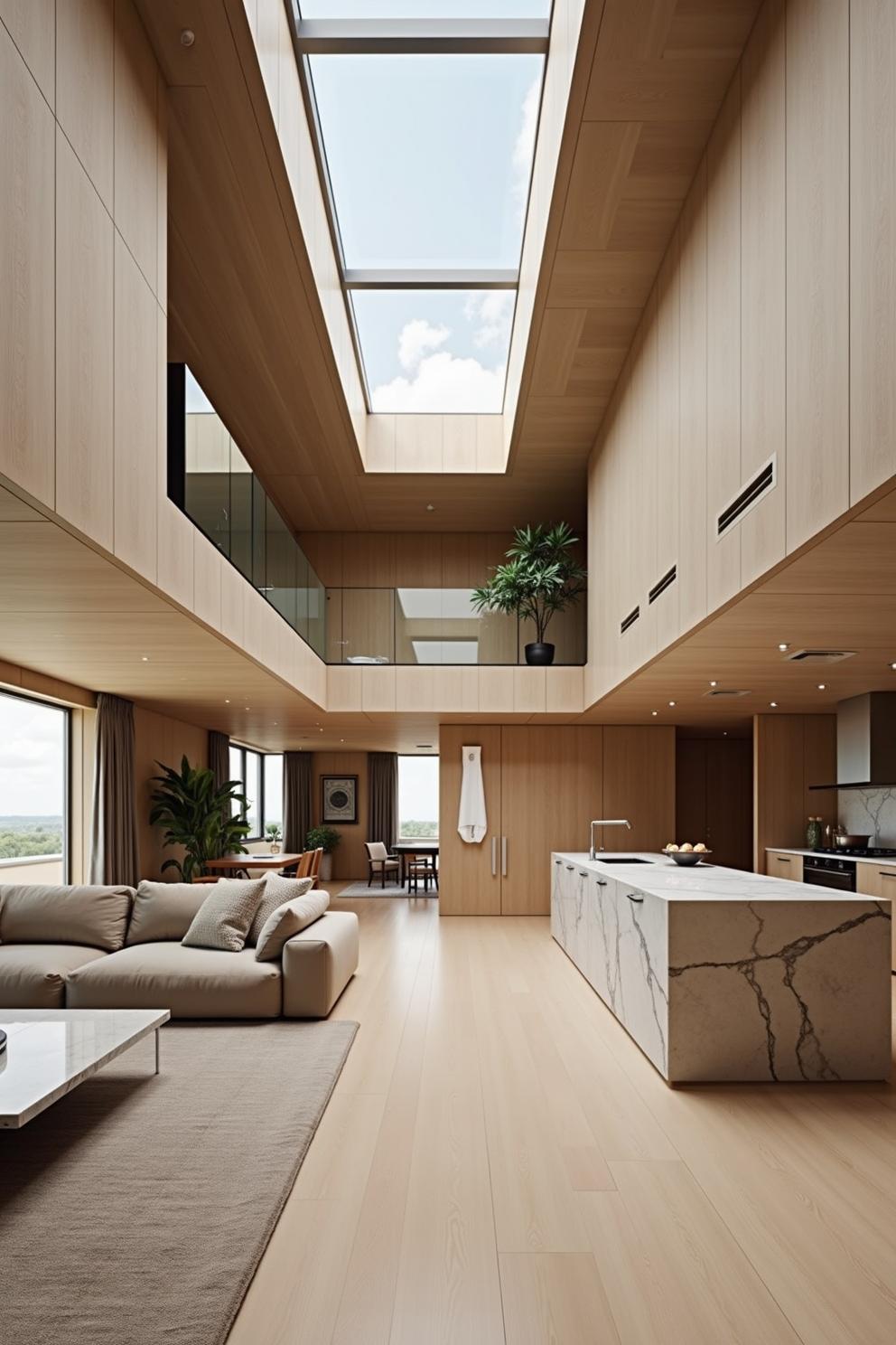 Open living space with skylights and modern design