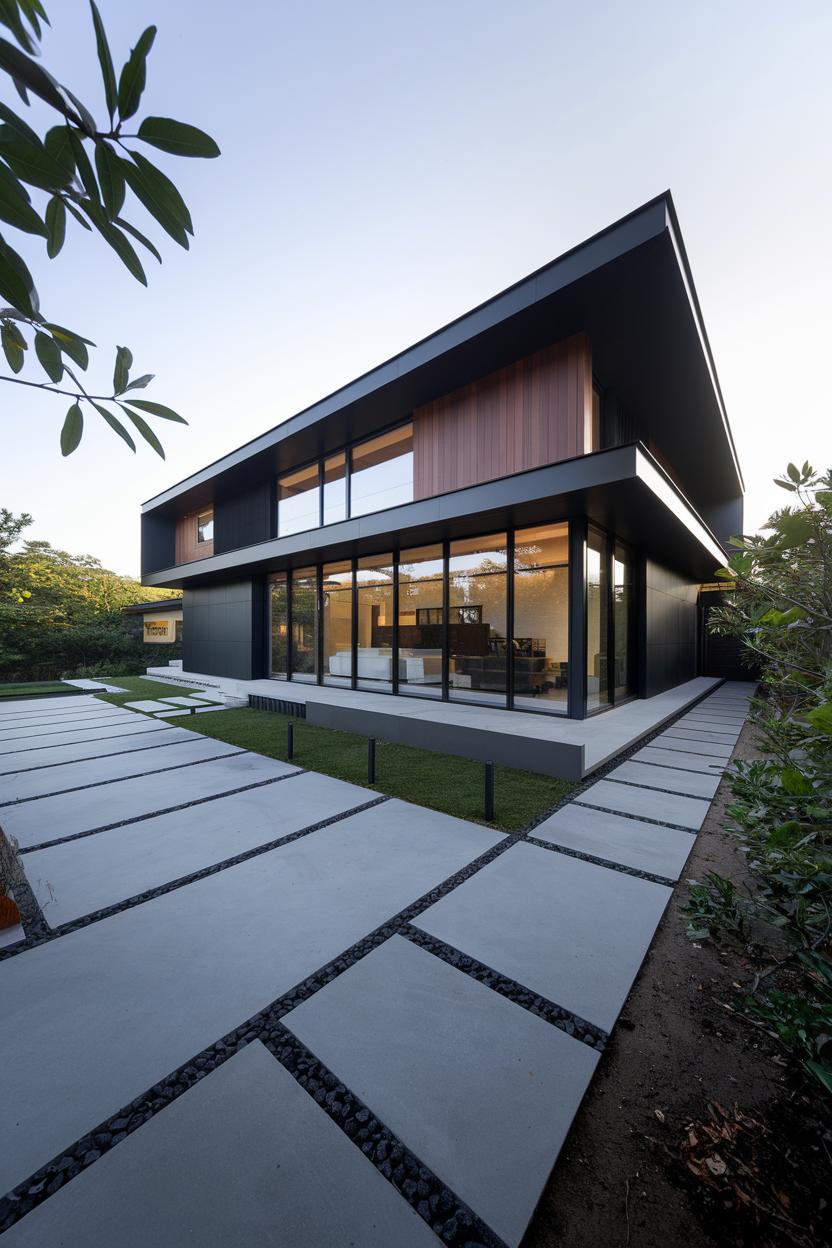 Modern black house with large windows and geometric lines