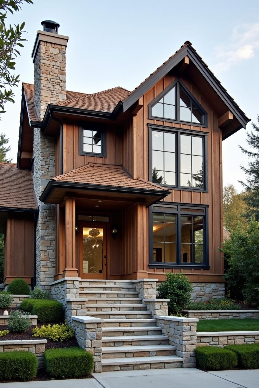 Wooden modern house with stone details