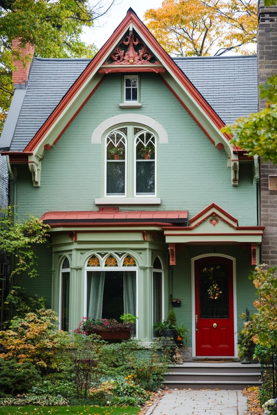 Green house with intricate gables and bright red door