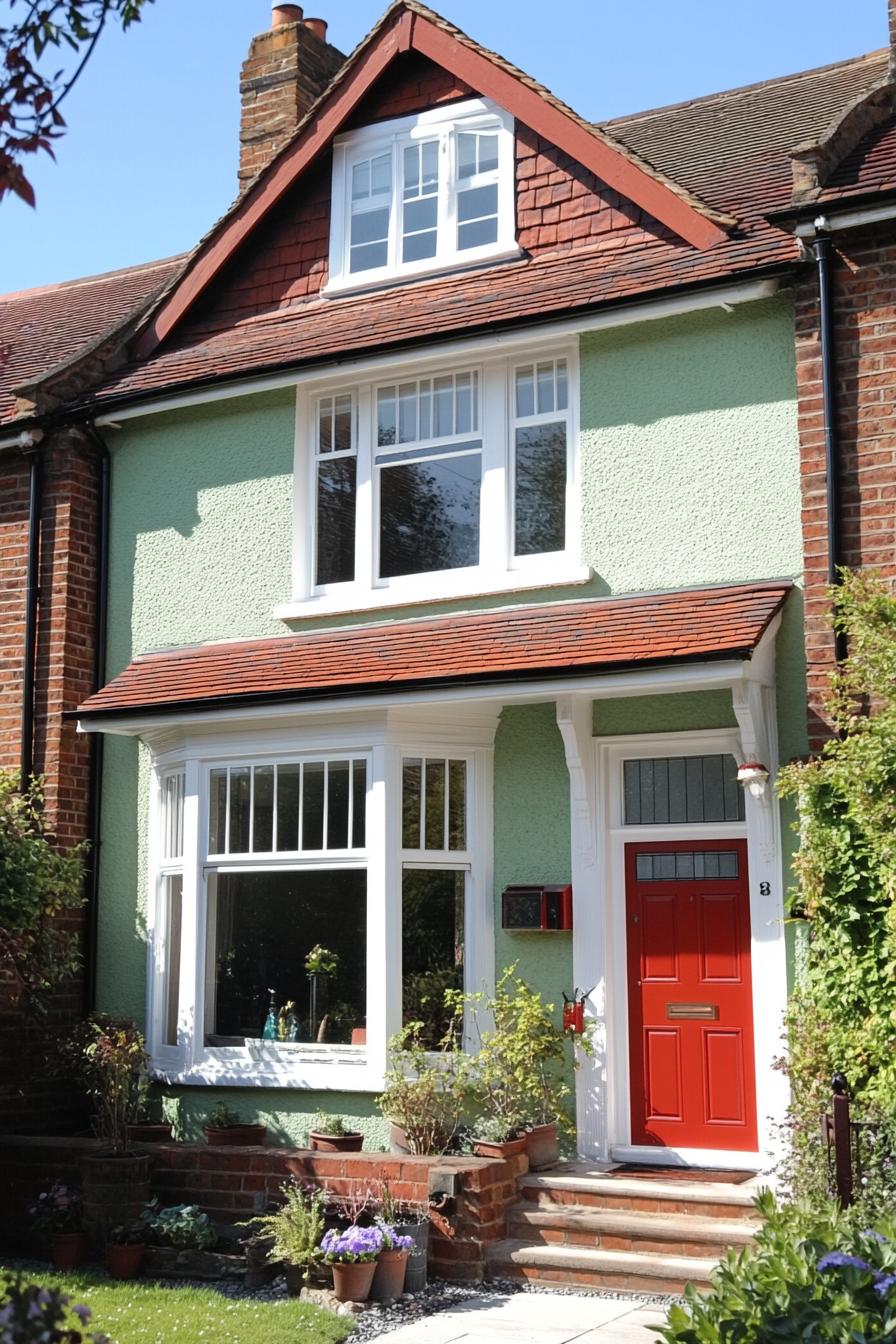 Charming mint green house with a red door