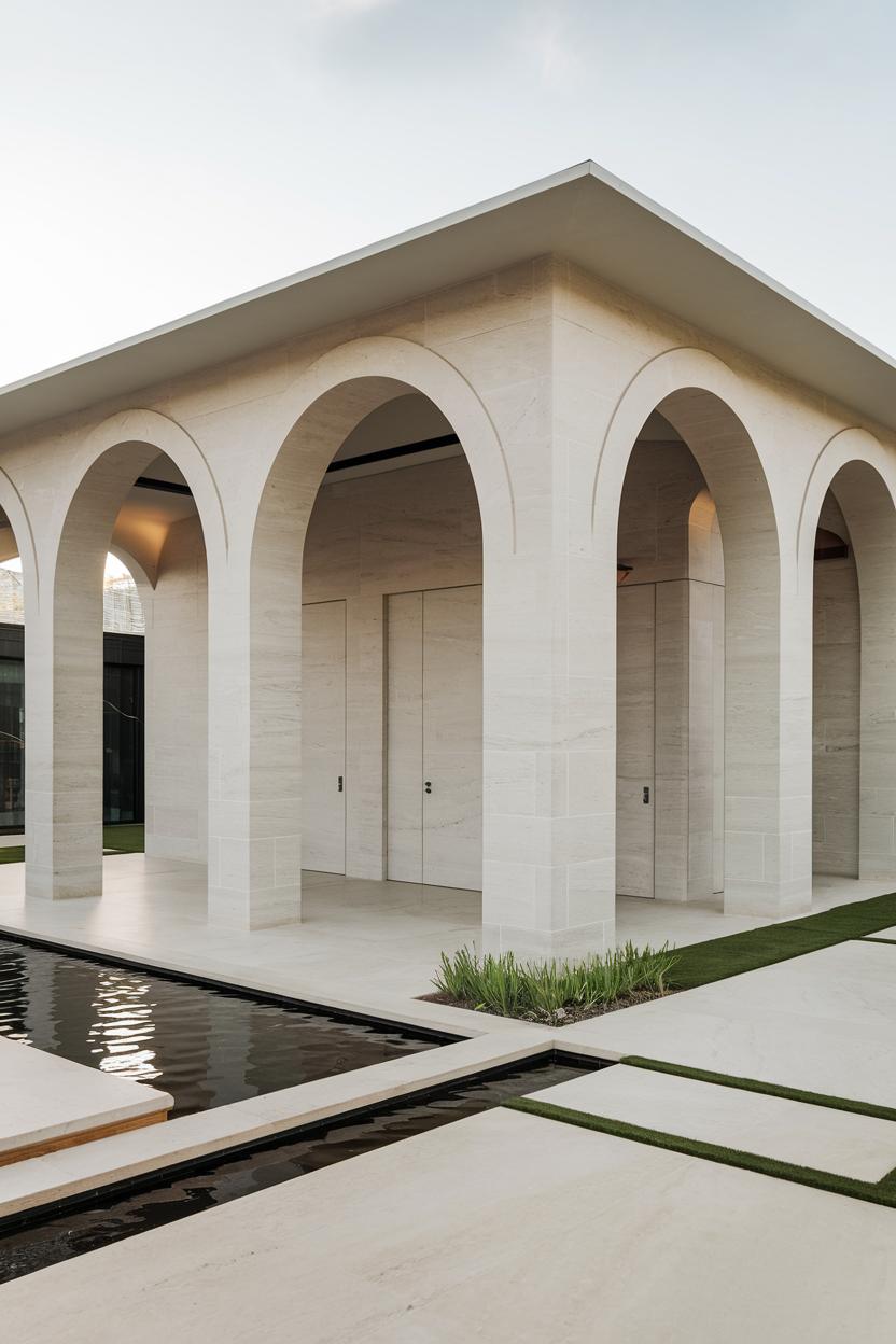 Modern building with arched design by a reflective pool