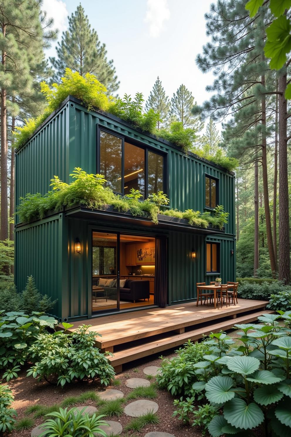 Green container house nestled among trees with rooftop plants