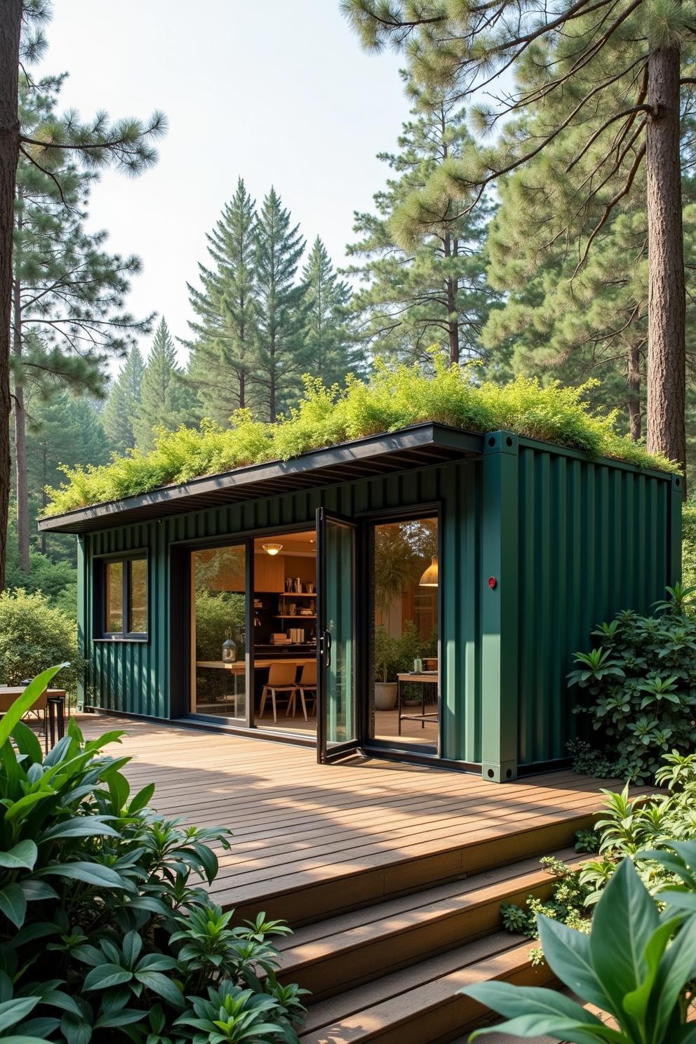 Small green container house with a rooftop garden surrounded by trees