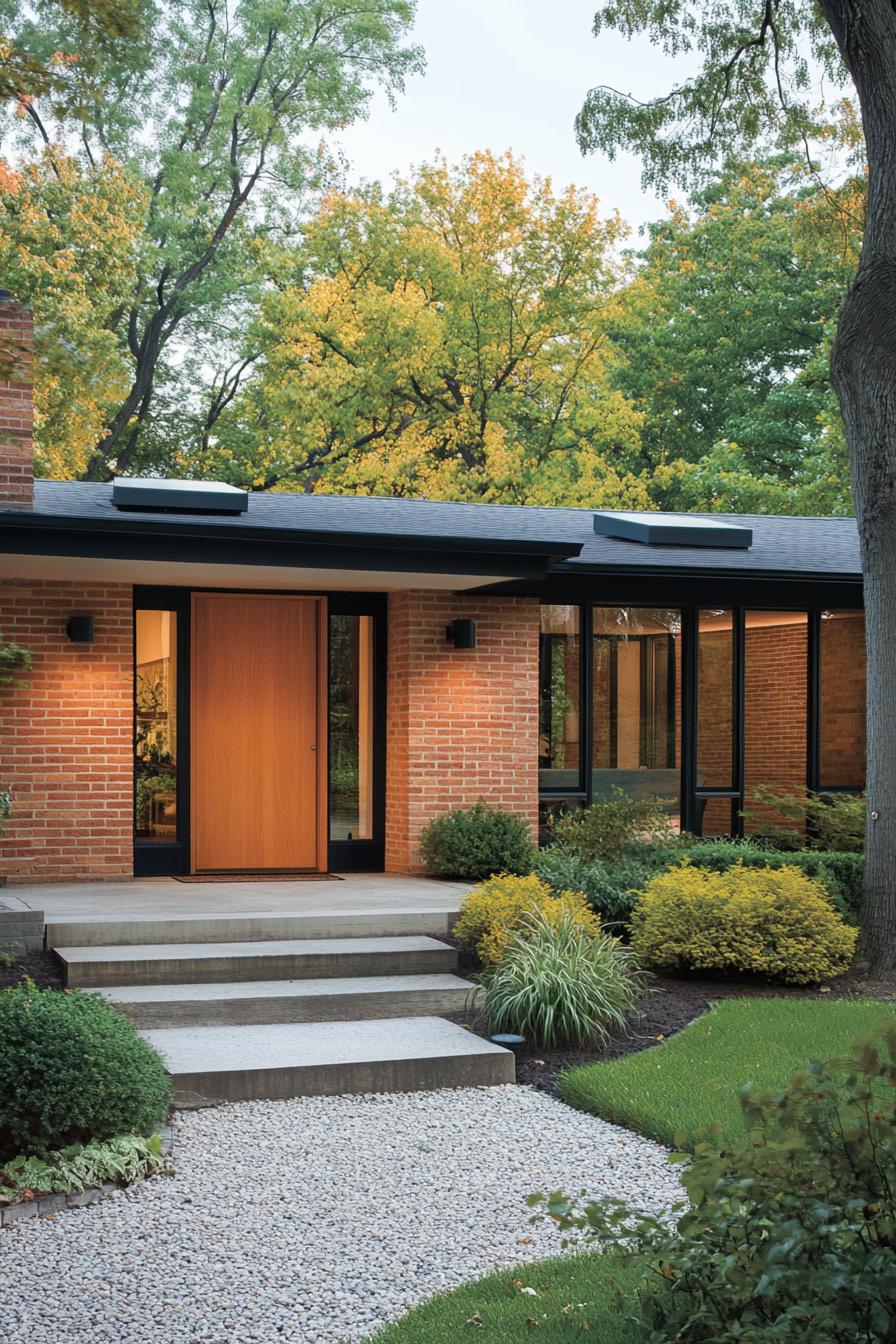 Charming entryway of a brick ranch house with lush landscaping