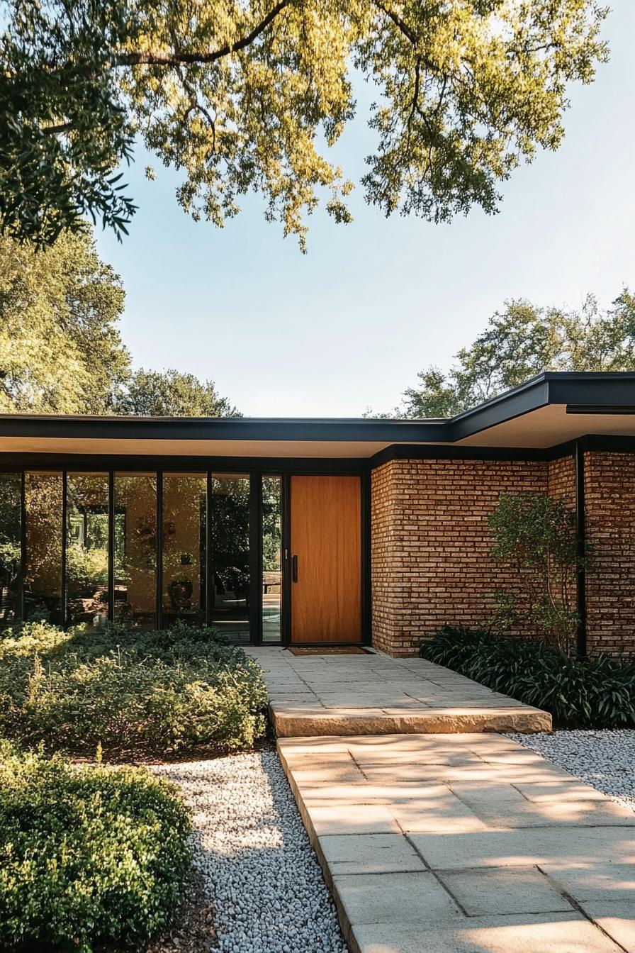 Inviting entrance to a brick ranch house surrounded by lush greenery